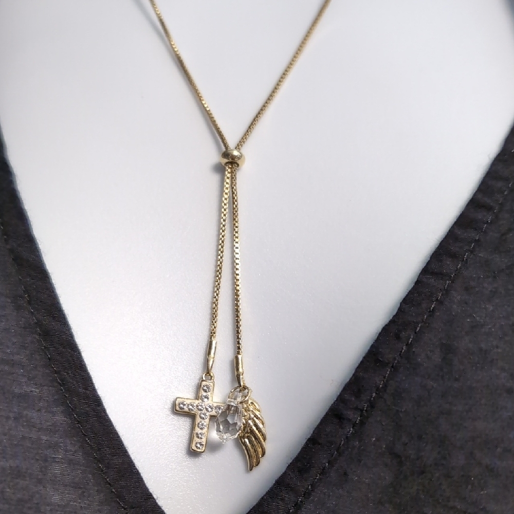 Bolo Style Necklace with Cross and Wing Charms